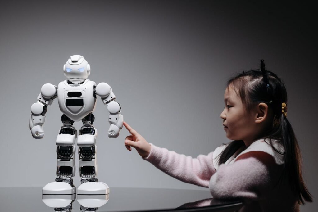 A young girl engaging with a robotic toy, highlighting curiosity and innovation.