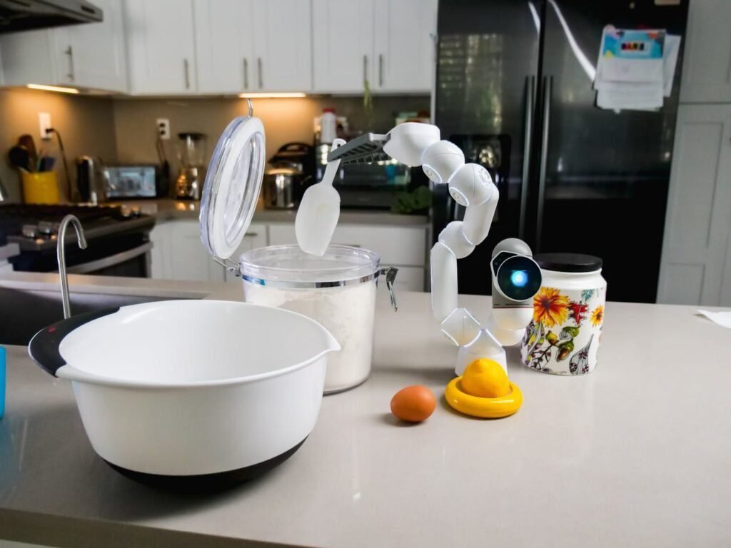 AI-powered robot assisting in a kitchen, highlighting smart technology in everyday cooking.